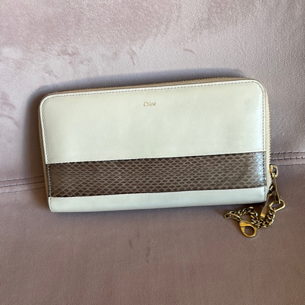 Chloe Cream and Brown Leather Wallet with Gold Zipper